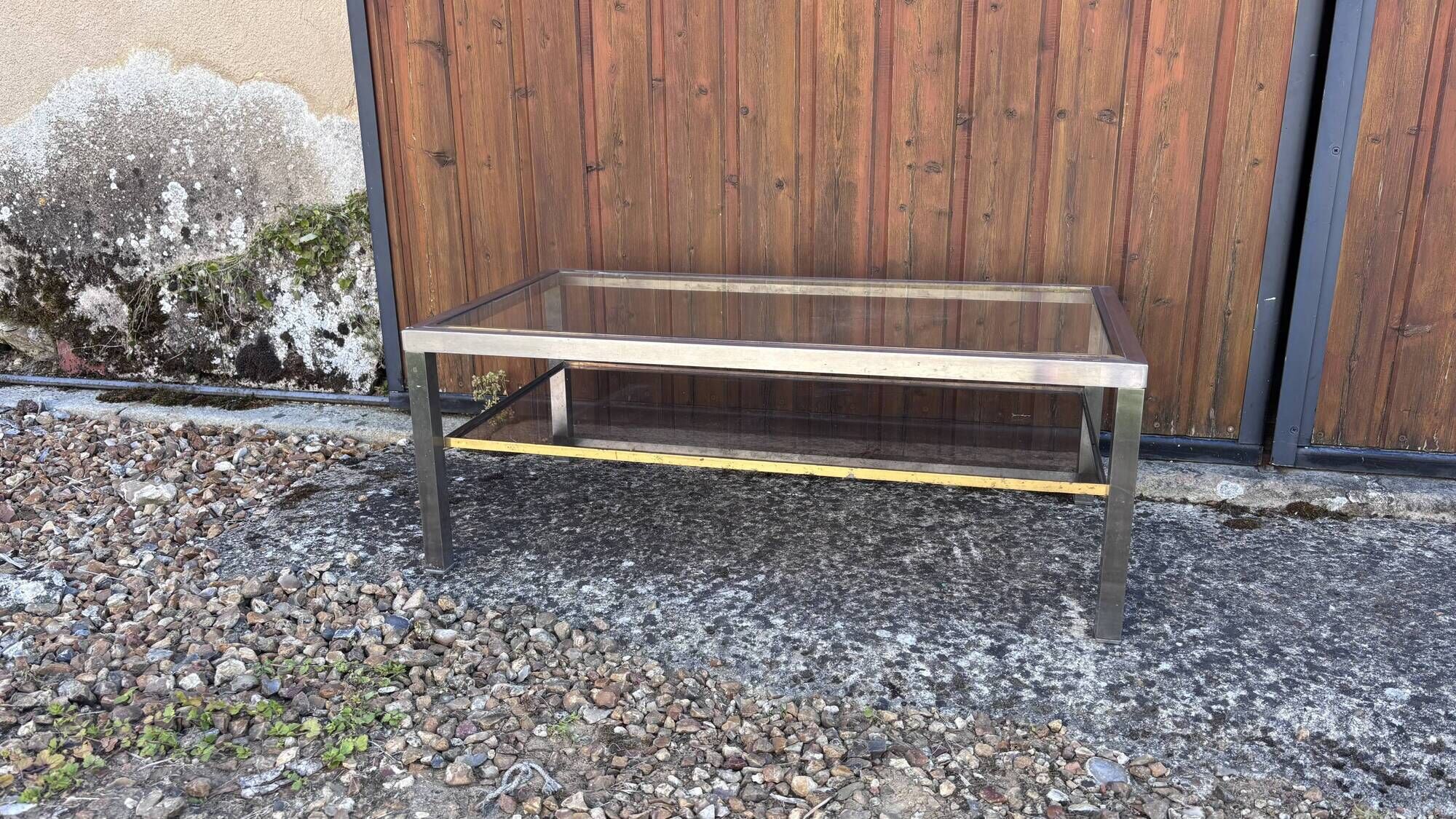Vintage coffee table glass & chrome metal – Romeo Rega style from the 1970s