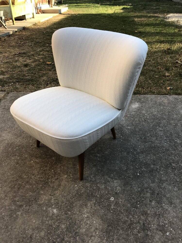Pair of white club armchairs in beech and fabric, Mid-Century Hungarian style 1950s.
