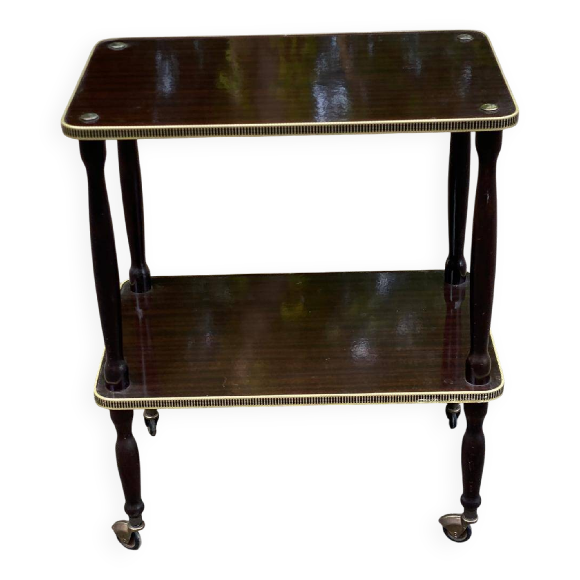Desserte vintage palissandre double plateau doré sur roulettes 71cm