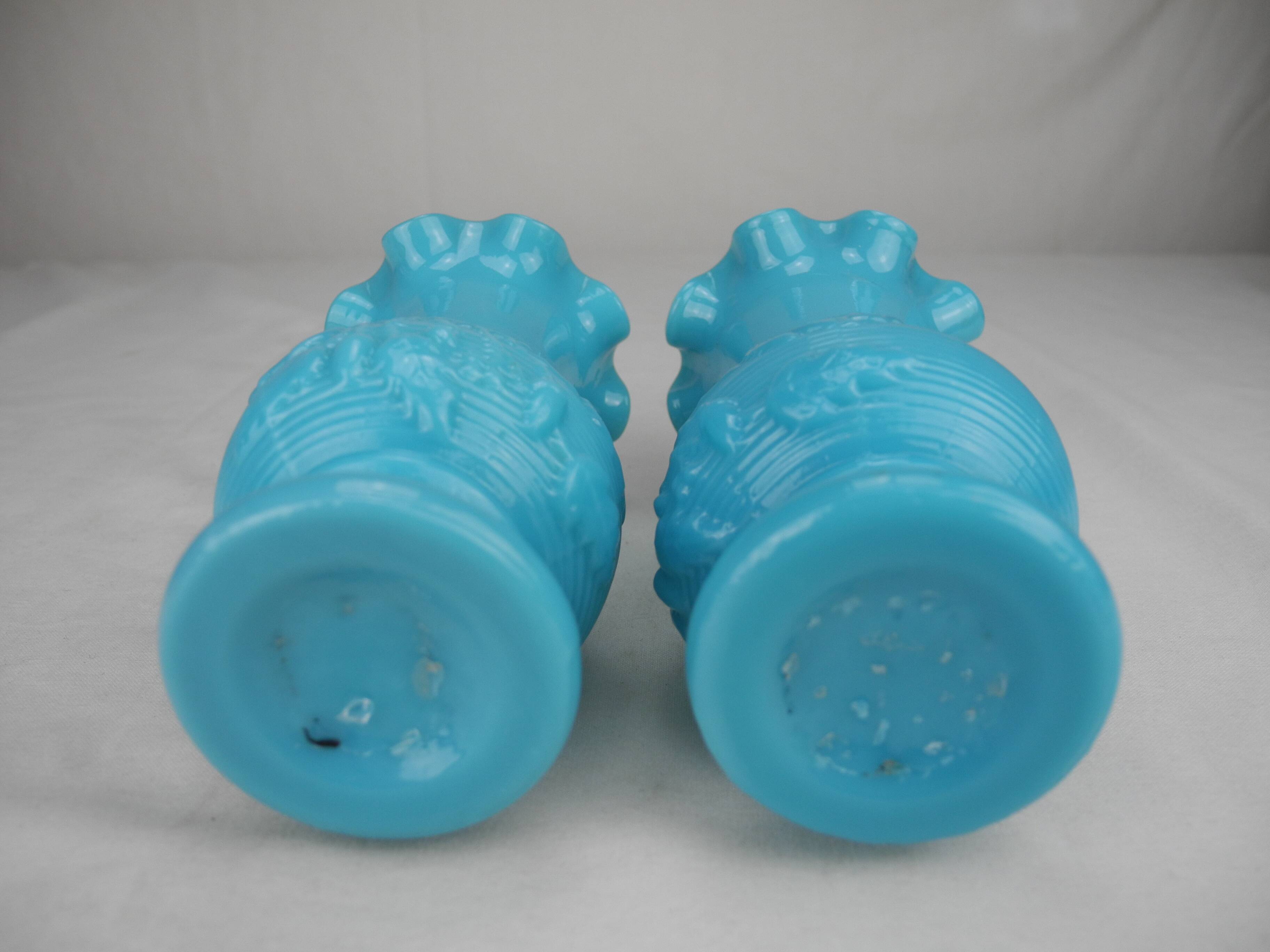 pair of small old blue opaline vases, shabby kitsch decor