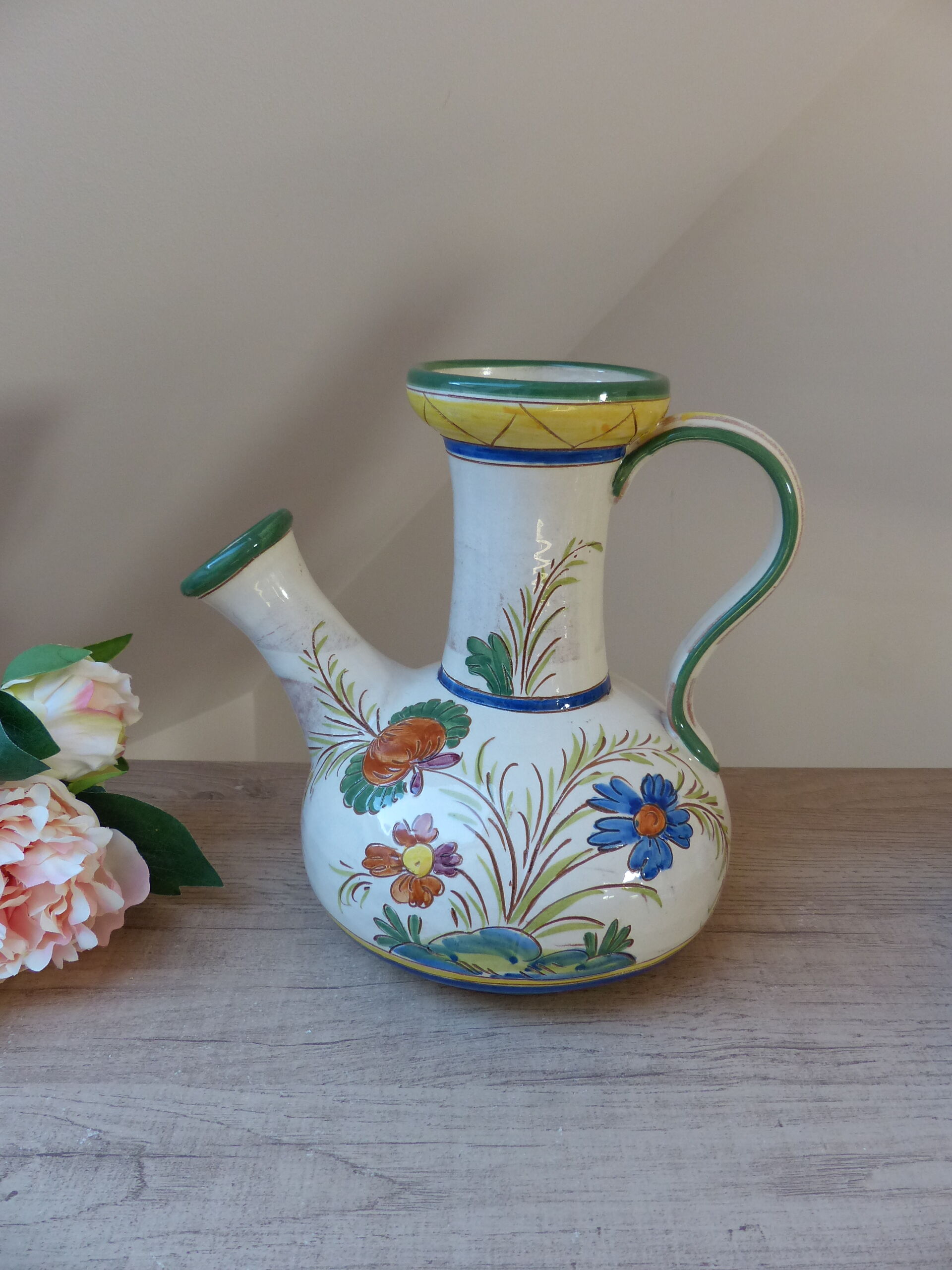 Pitcher carafe chevrette in terracotta enamelled with flowers italian crafts numbered