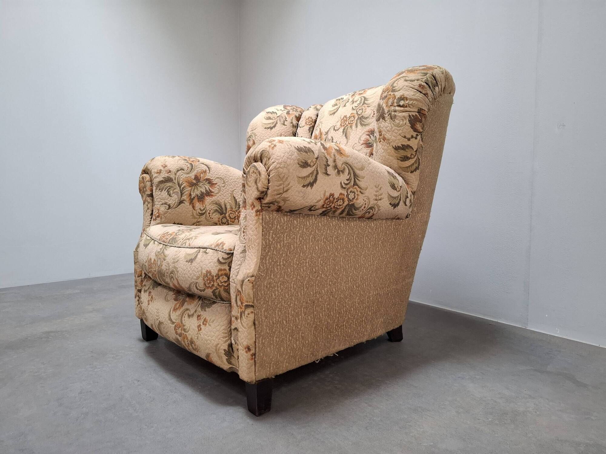 1930s Art Deco Czech Floral Upholstered Wingback Armchair