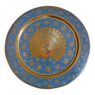 Round tray in gold metal engraved Peacock