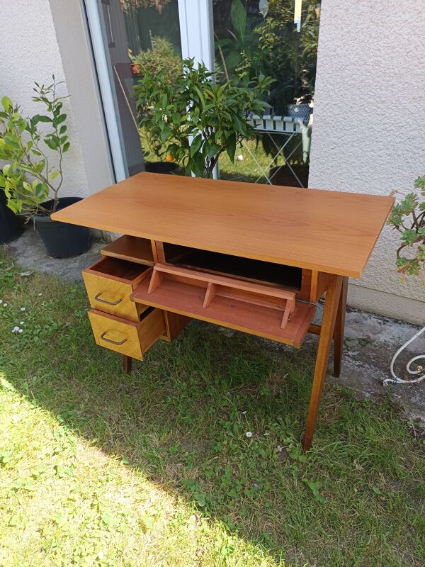 Bureau vintage années 50 pieds compas – bois clair – 100 x 50 cm