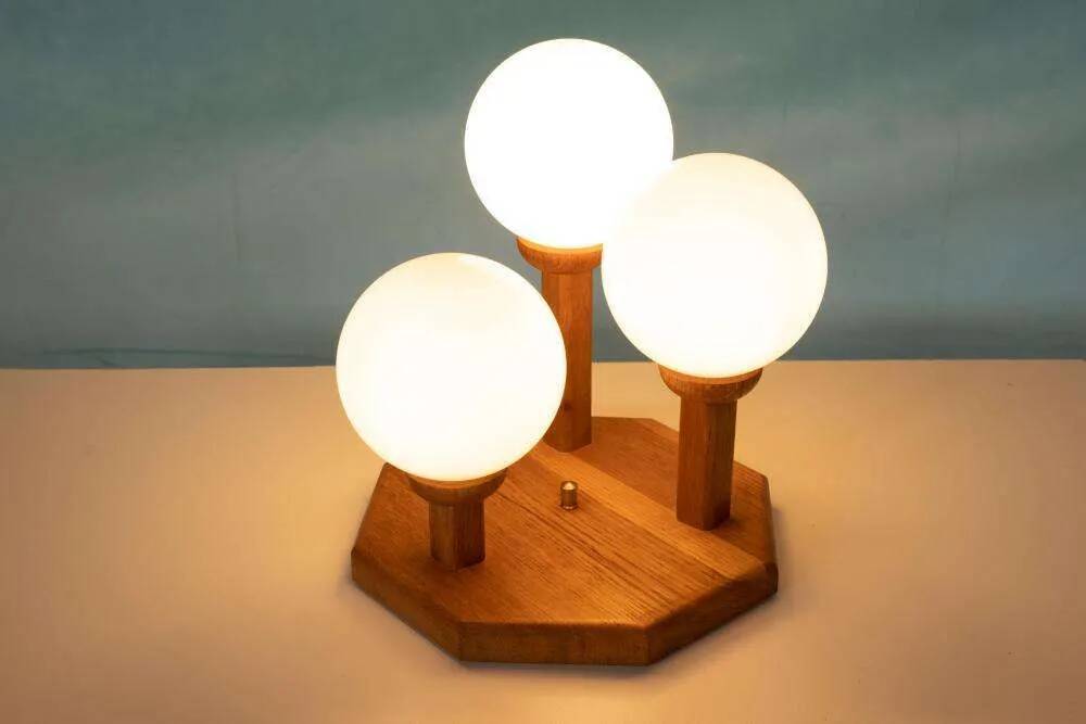 Bohemian glass ball table lamp from the 70s, wood & glass