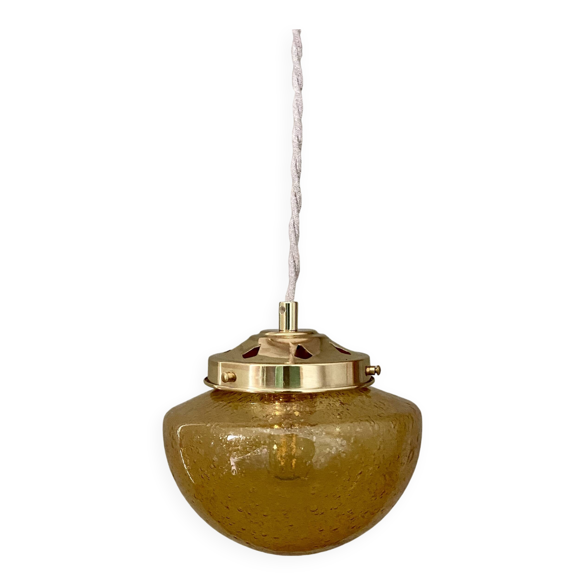 Vintage globe pendant light in bubbled amber glass