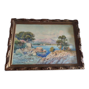 Watercolor painting of a view of Cap d'Ail by Émile Gauffriaud