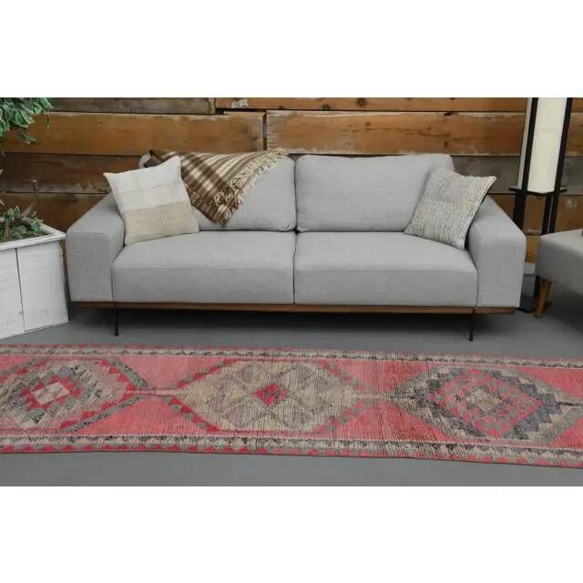 Vintage Turkish Hand-Knotted Wool Cotton Pink Runner Rug 98x330