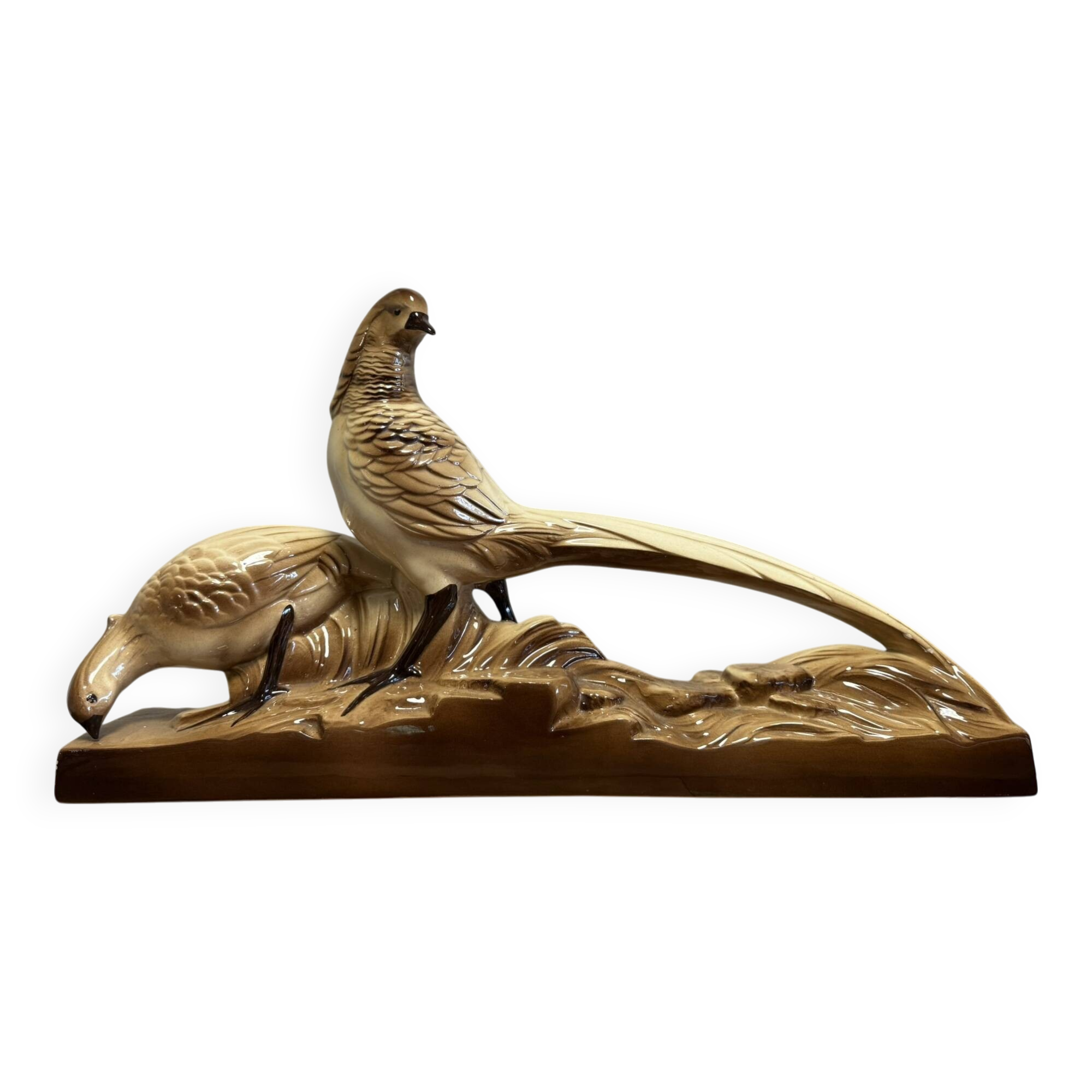 Pair of golden pheasants from the Art Deco period in brown glazed ceramic