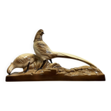 Pair of golden pheasants from the Art Deco period in brown glazed ceramic