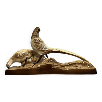 Pair of golden pheasants from the Art Deco period in brown glazed ceramic