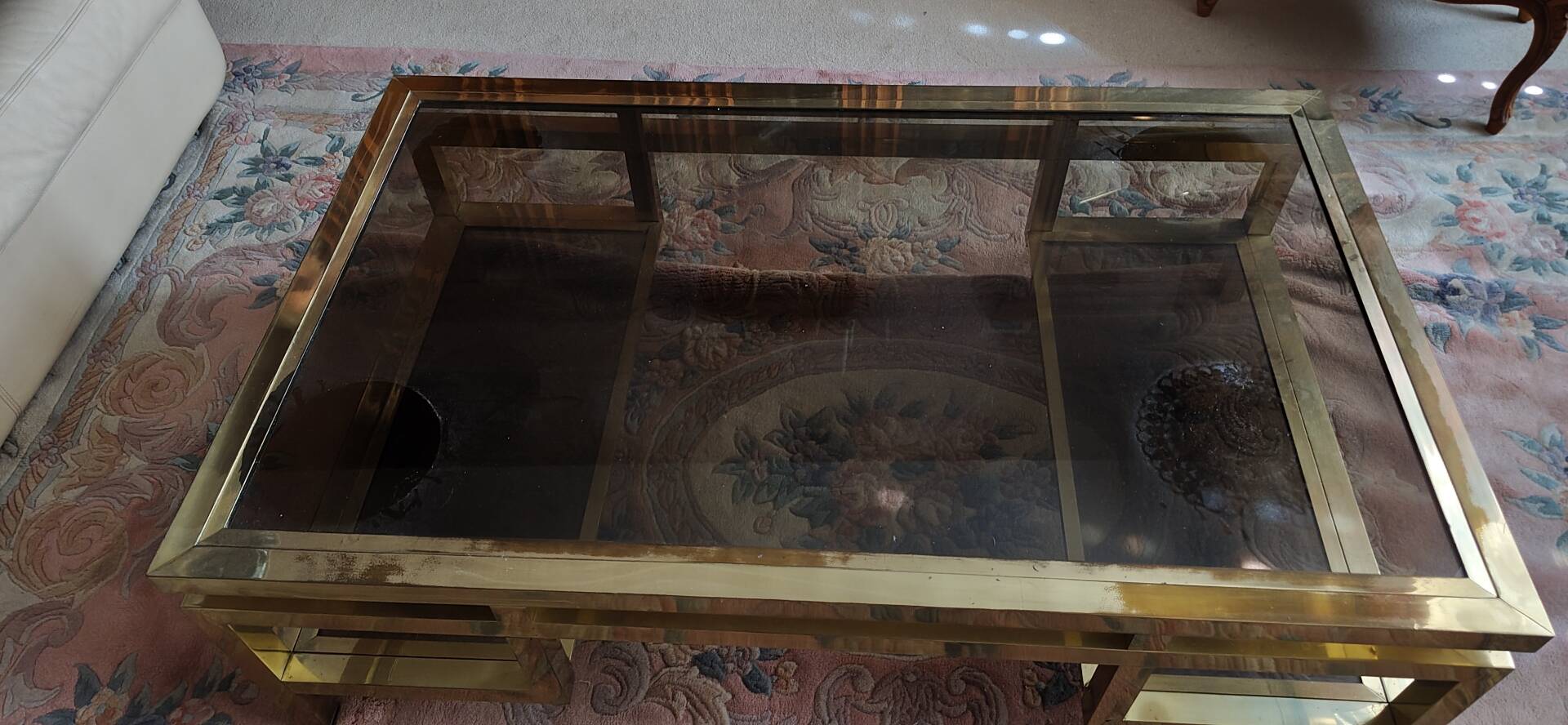 Brass Coffee Table with Smoked Glass Tops. French Work of