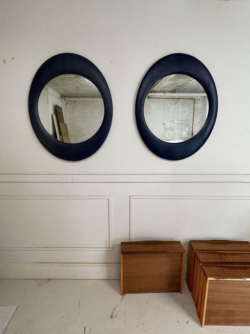 Oval wall mirror 1970s blue faux leather
