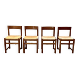 Set of 4 elm straw chairs from the 50s