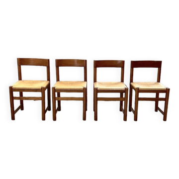Set of 4 elm straw chairs from the 50s