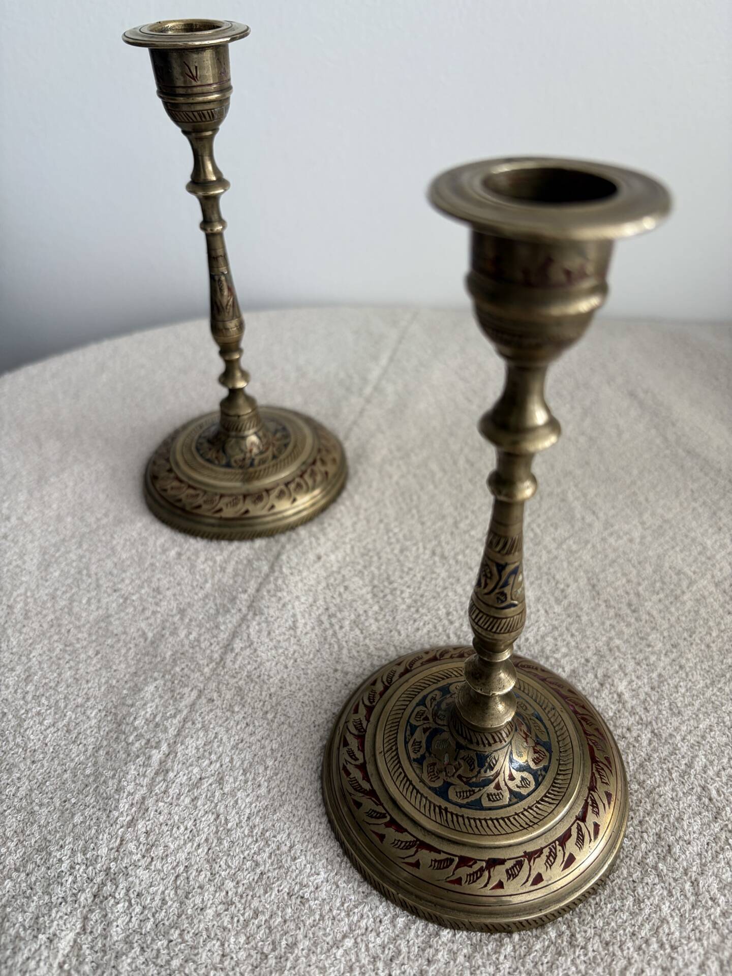 Pair of Vintage Etched Brass & Enamel Candlesticks - India,Mid-Century