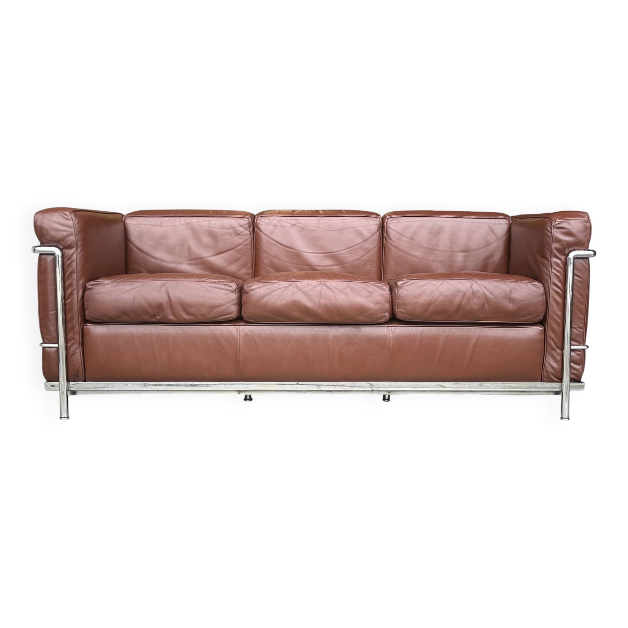 Early production LC2 leather 3-seater sofa by Le Corbusier Cassina 1970s