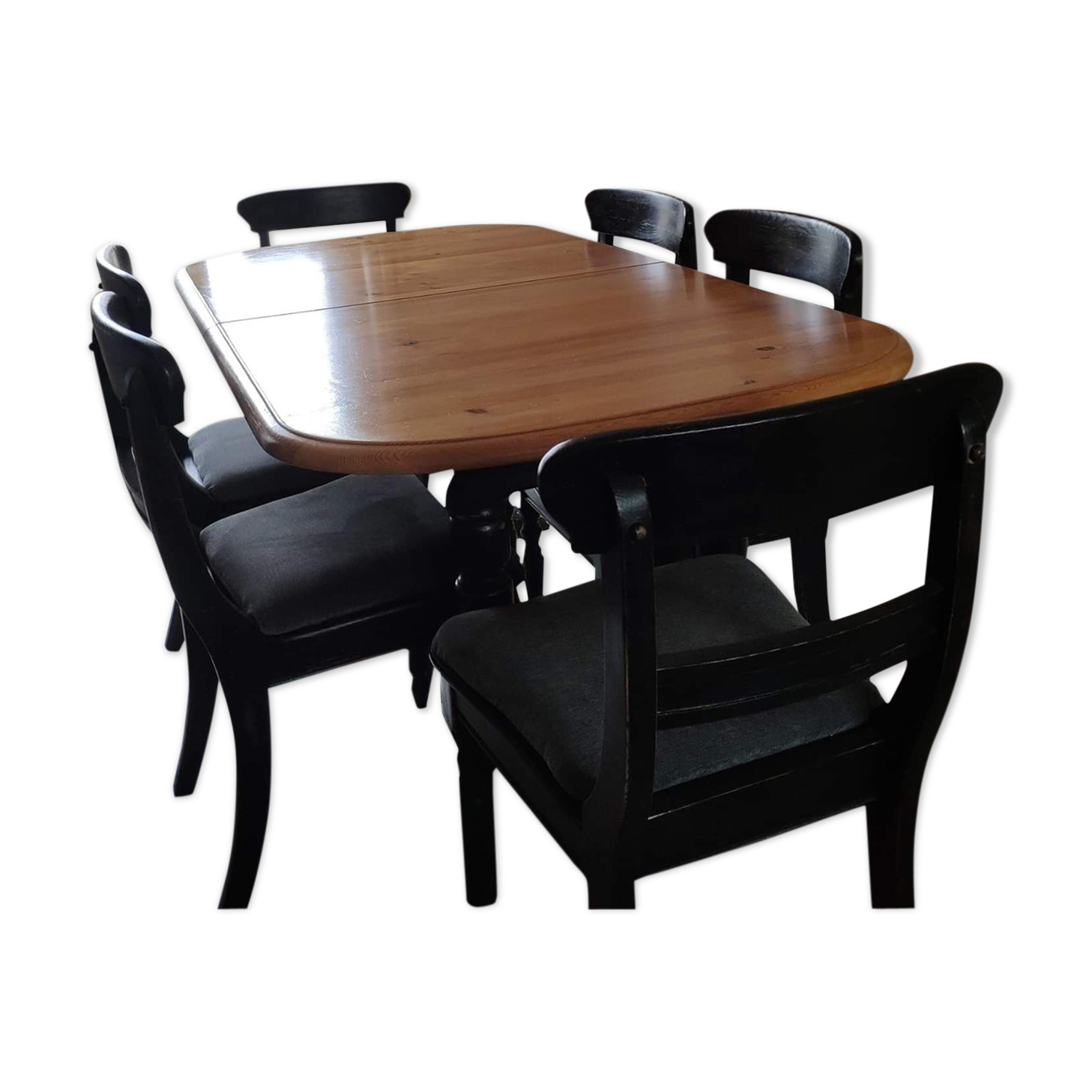 Table set and 6 solid pine chairs repainted and patinated black