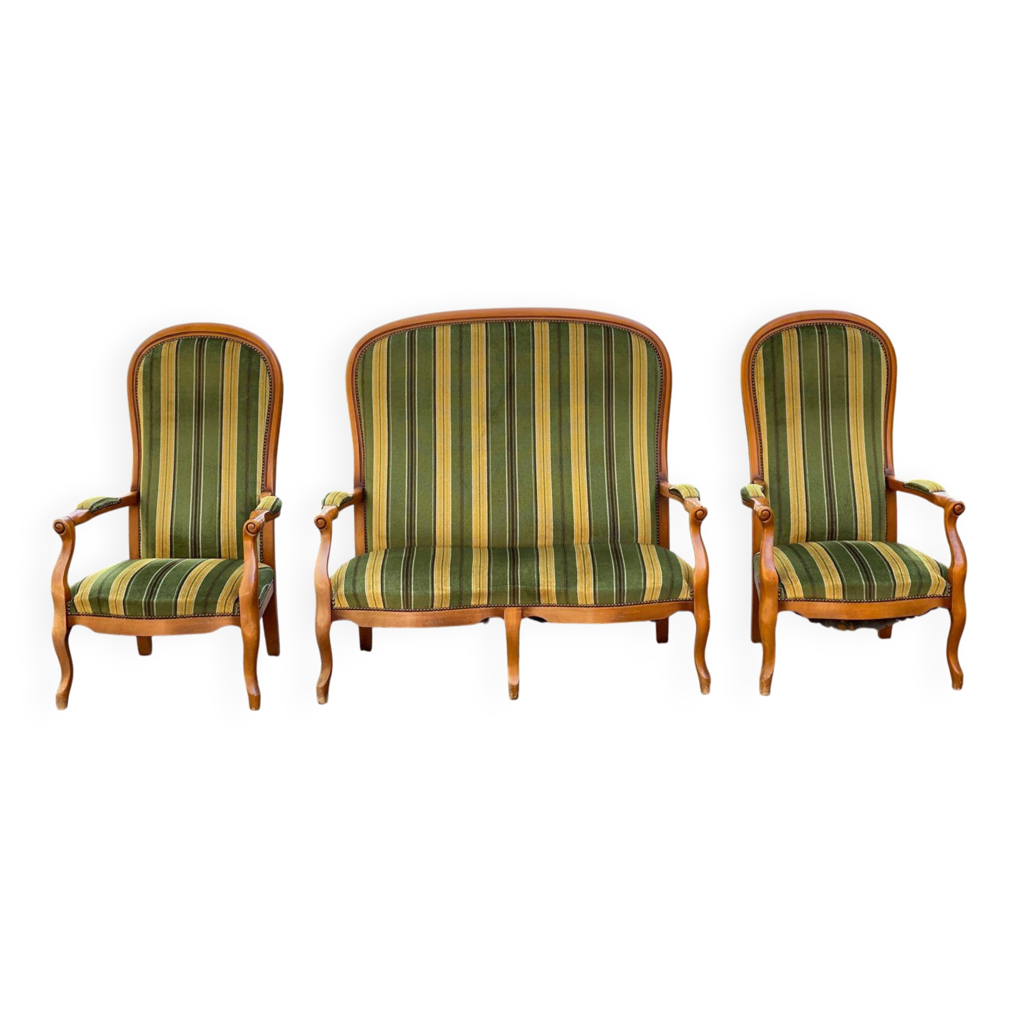 Voltaire Louis XV style living room set in green and yellow velvet with stripes