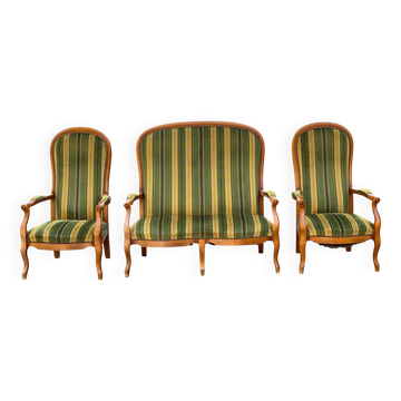 Voltaire Louis XV style living room set in green and yellow velvet with stripes