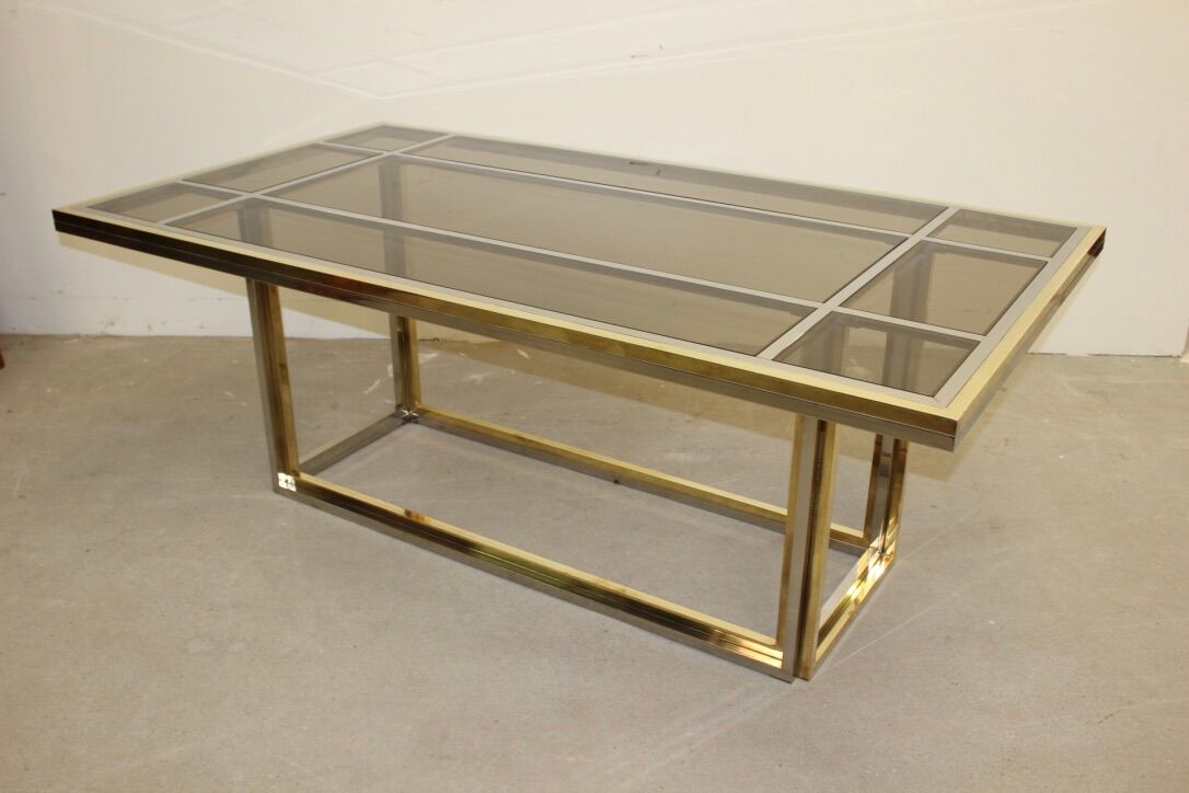 Dining table in chrome-plated steel and brass by Romeo Rega circa 1970