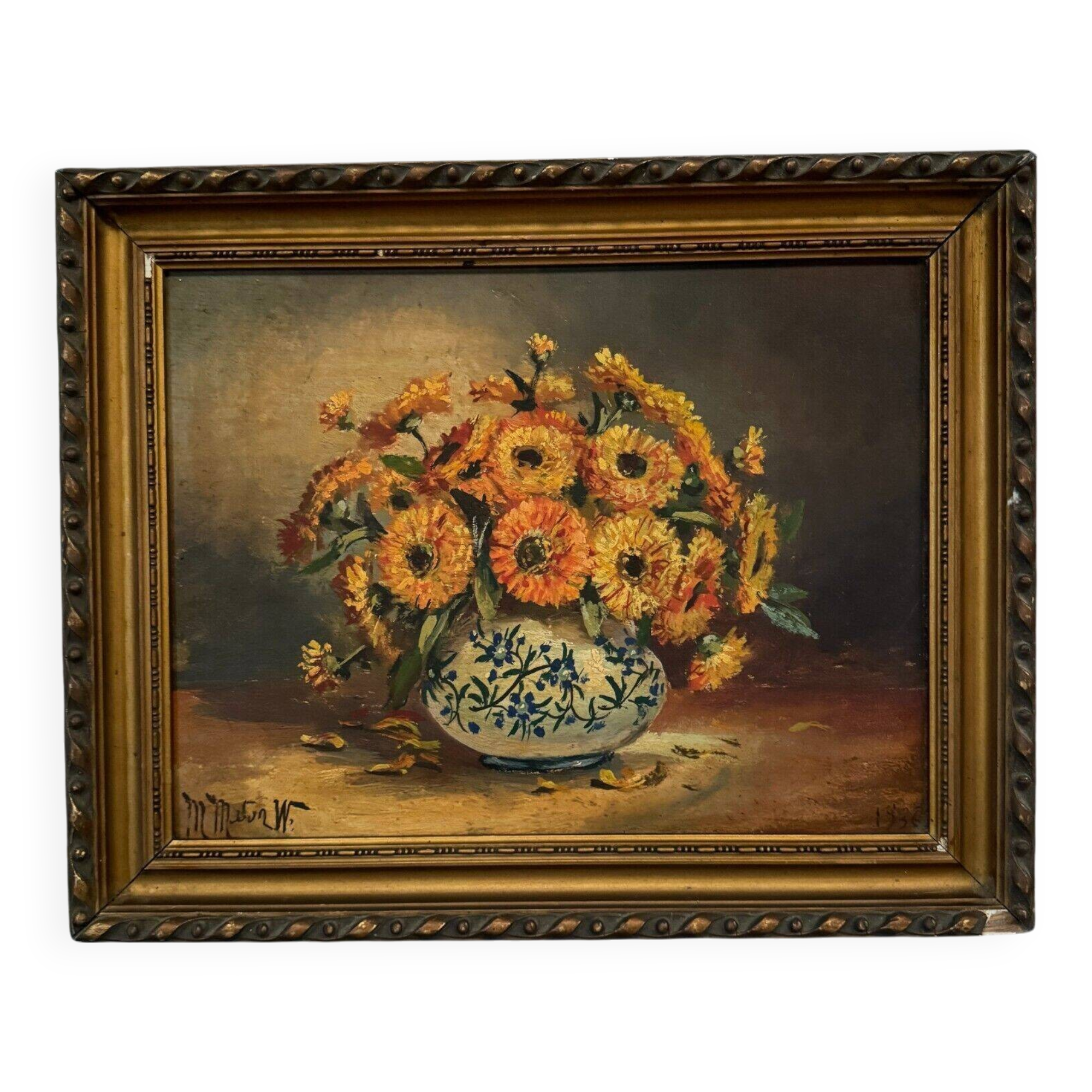 Oil on canvas still life bouquet of flowers 20th century M. Meton