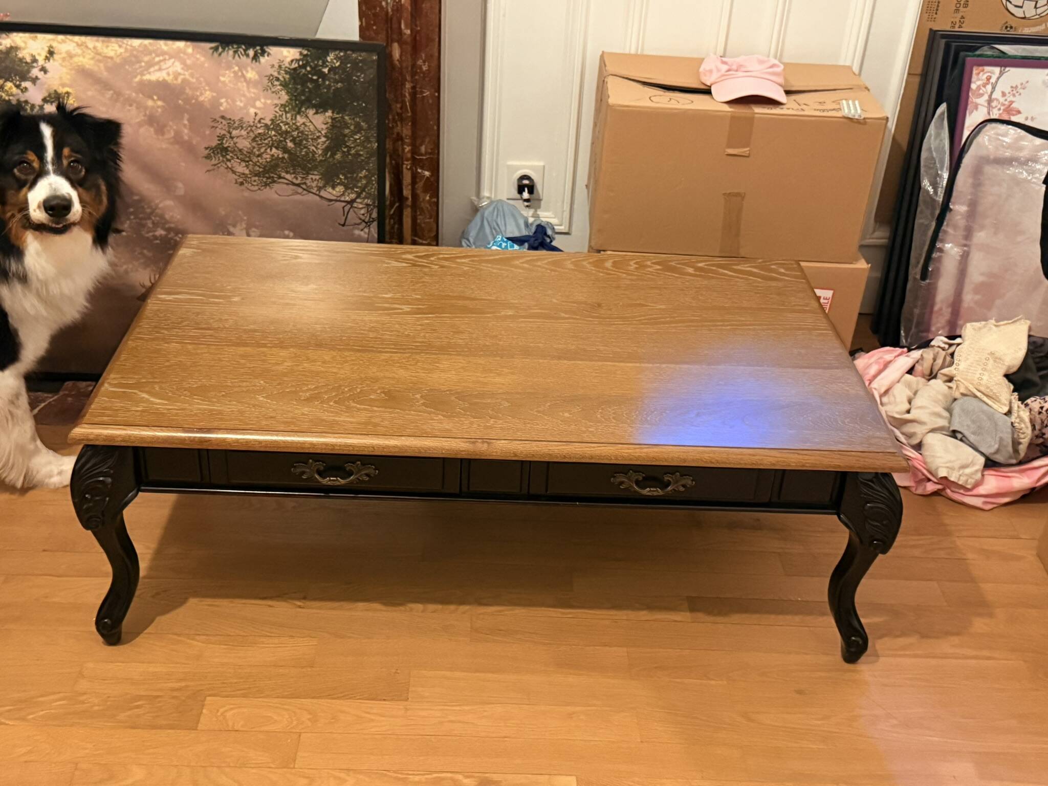 Black wood and oak coffee table – 4 storage drawers