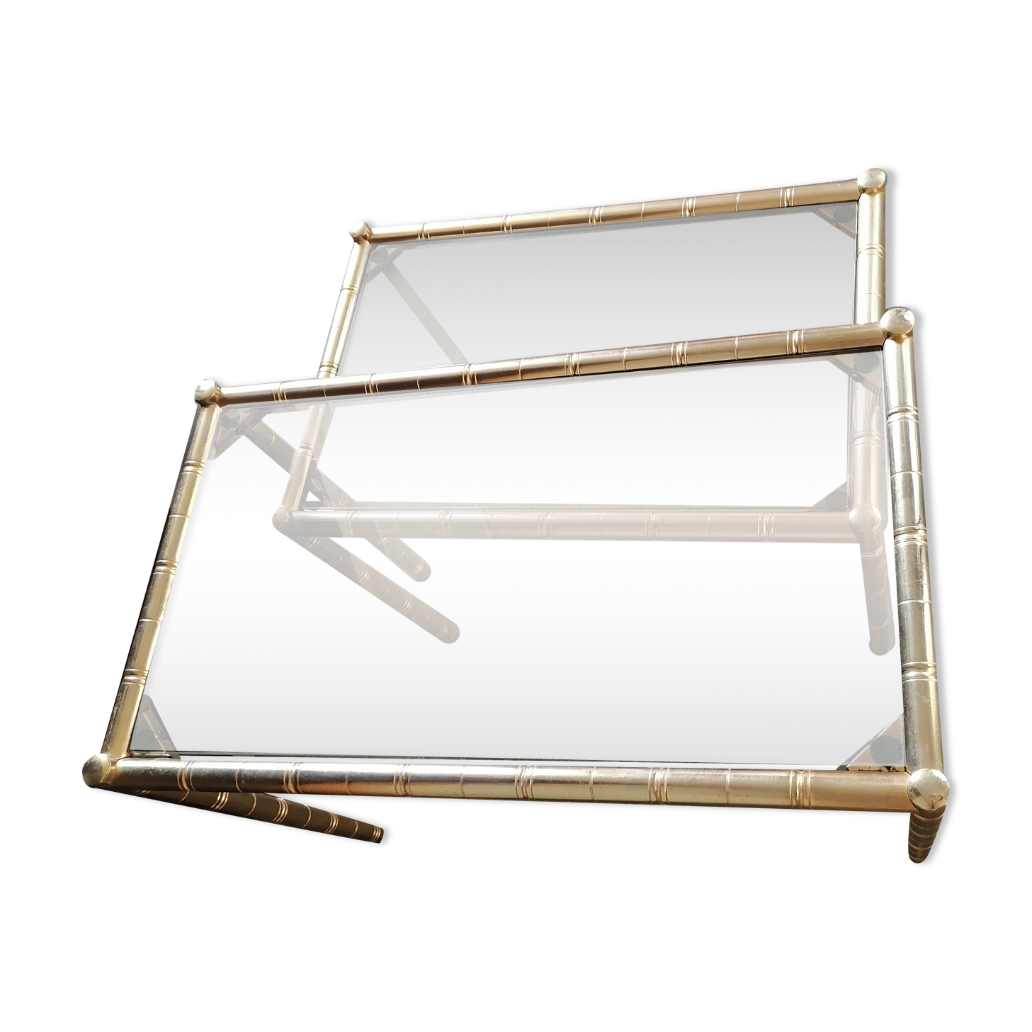 2 brass trundle tables bamboo style smoked glass 1960 1970