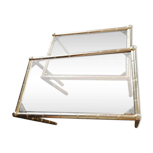 2 tables gigognes laiton style bambou verre fumé 1960 1970