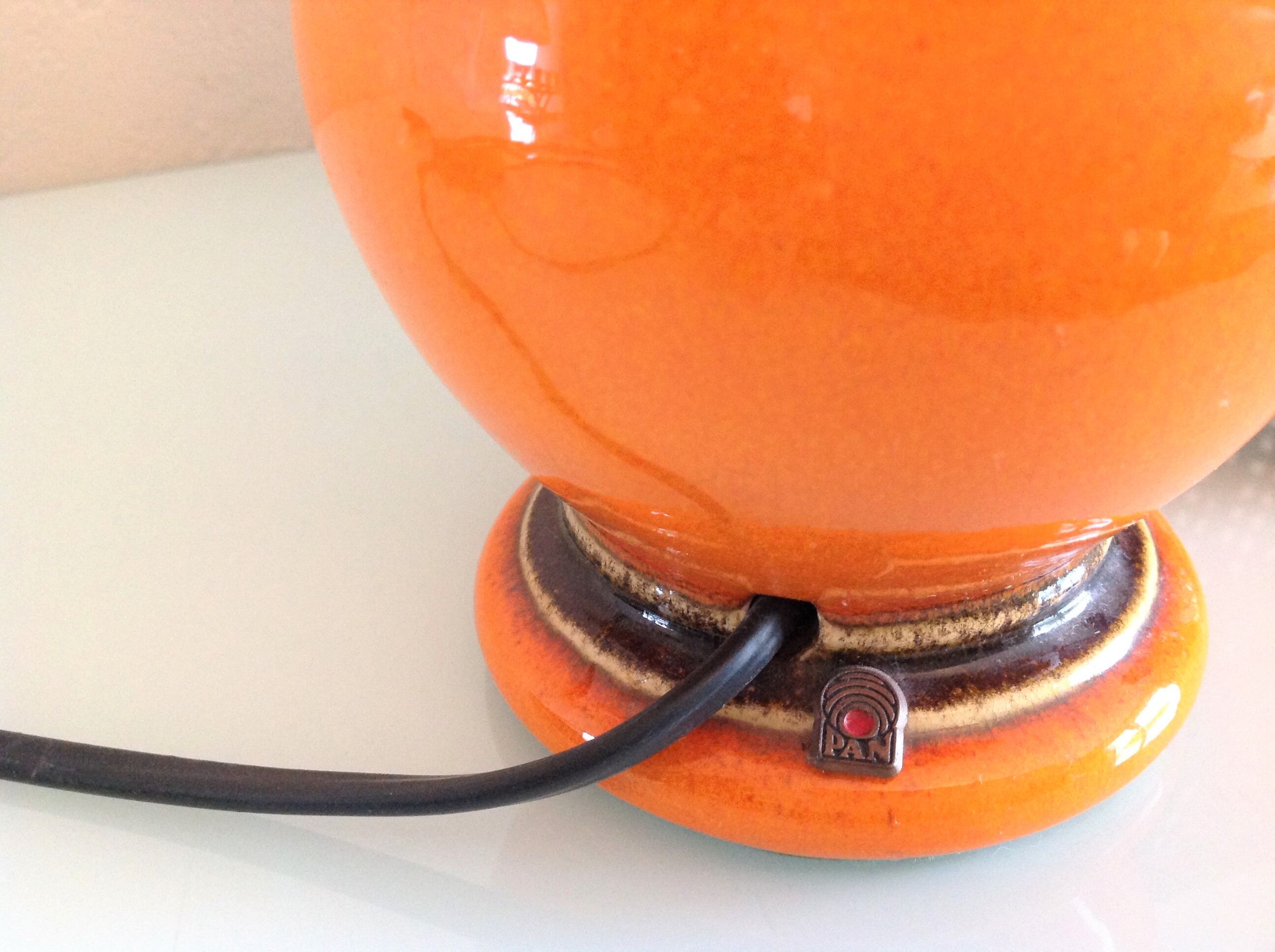 Orange ceramic lamp and brown canned lampshade by Pan Keramik / 60s-70s