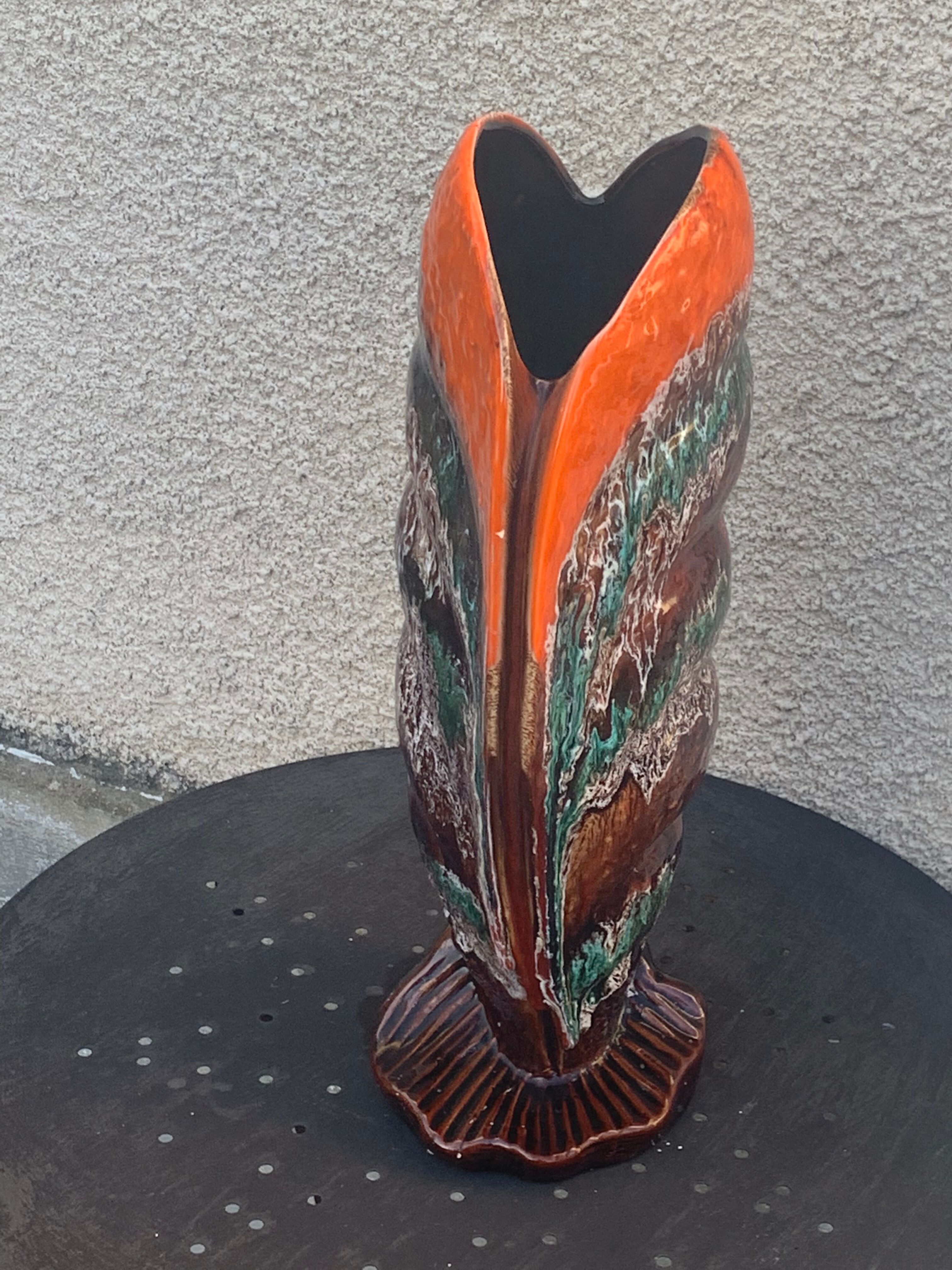 Flamed glazed ceramic slip vase molded pearly vintage vallauris