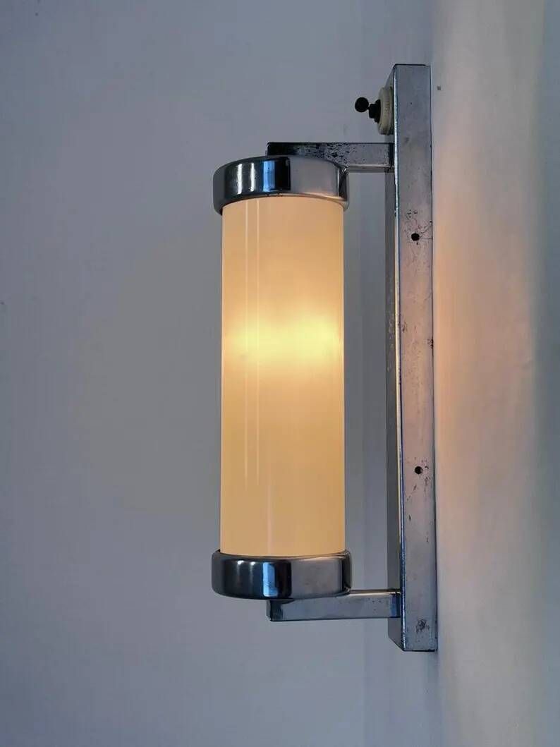 Bauhaus Chrome and Milk Glass Wall Lamp, 1940s - Czechoslovakia