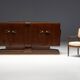 Art Deco walnut sideboard with brass details and sculptural base, France, 1930s