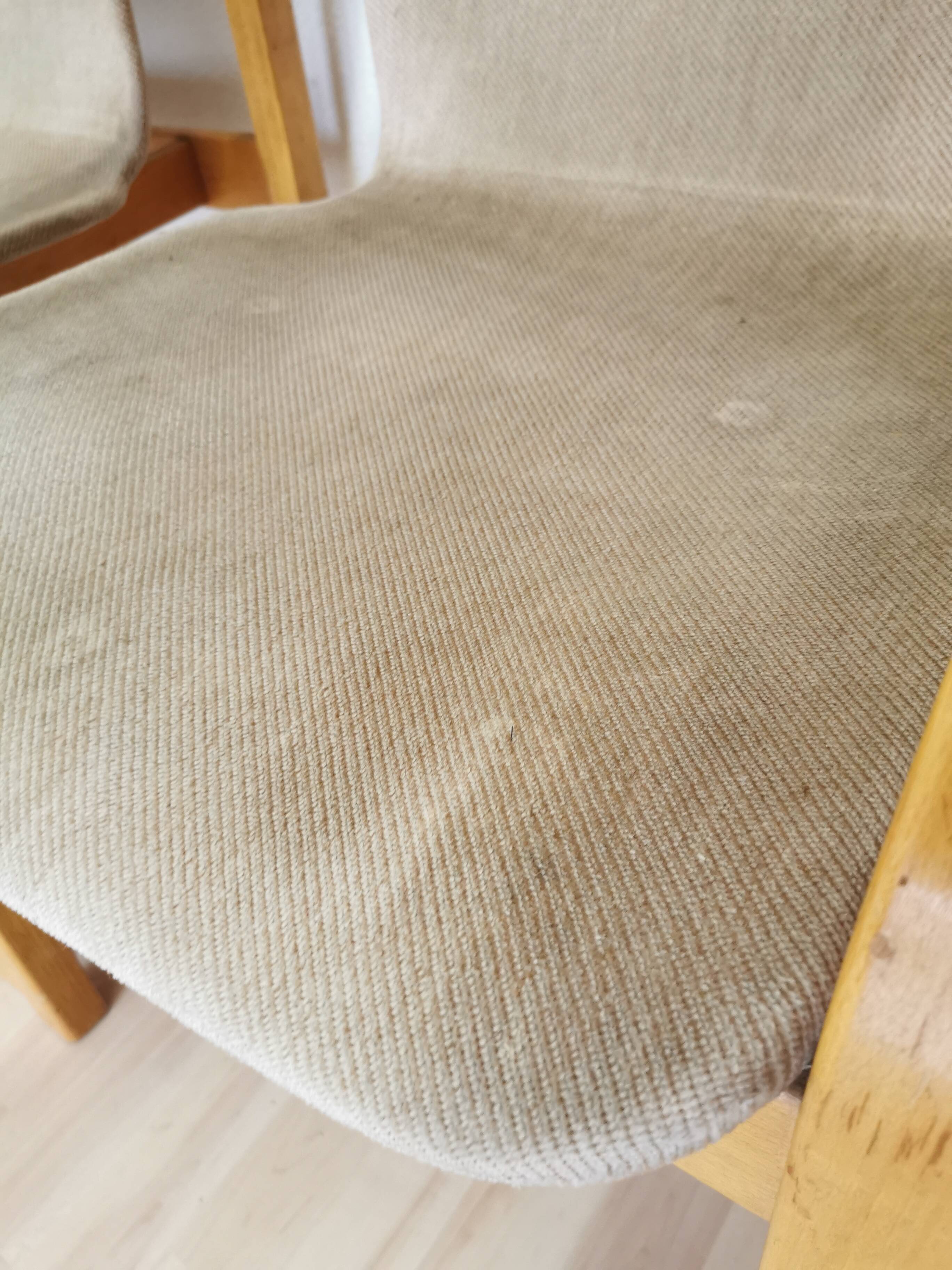 Set of 4 Vintage Beech Wood Dining Chairs: 1970s Space Age Gray Fabric