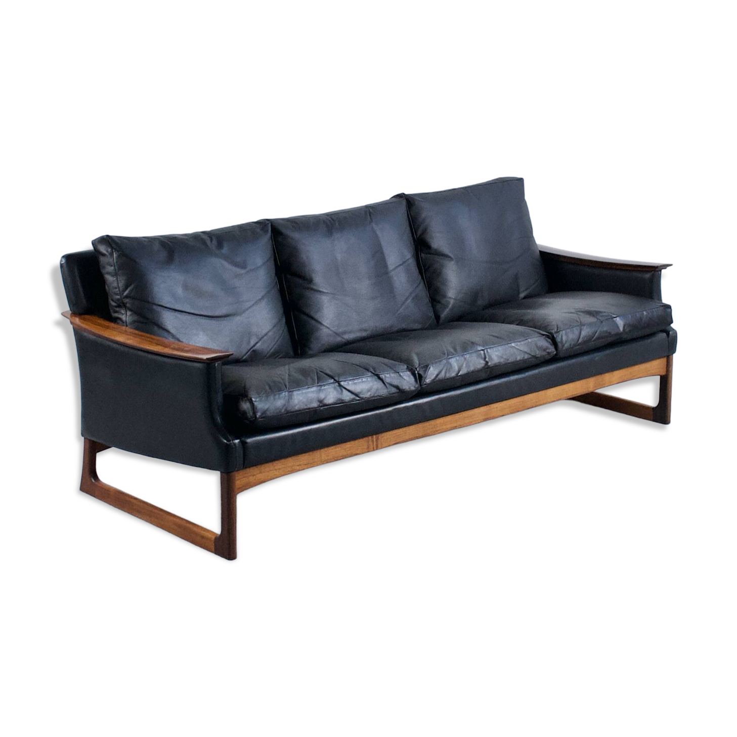 Scandinavian 3-seater sofa in leather and rosewood from the 60s