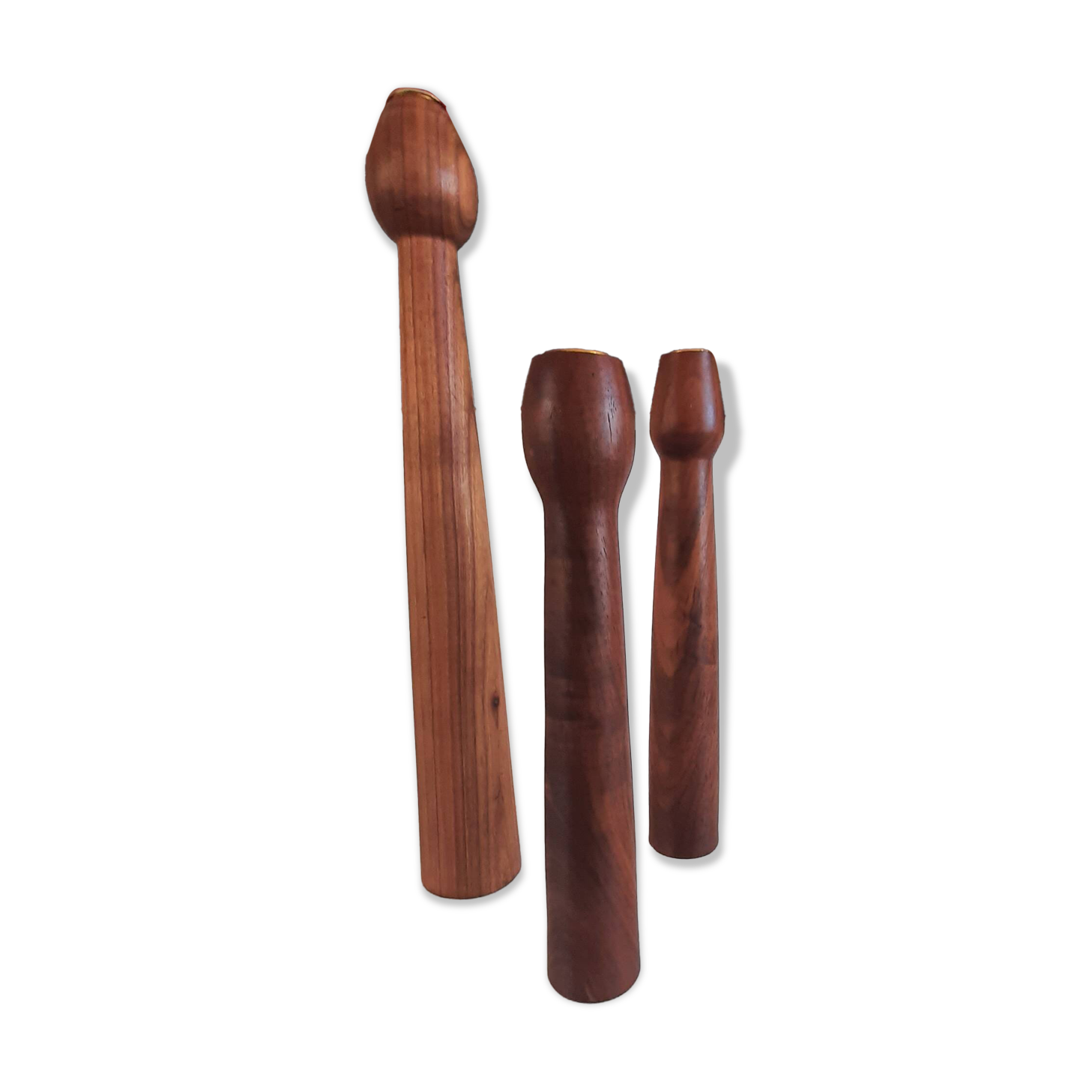 3 Scandinavian teak wood candle holders with brass inserts, Denmark, a