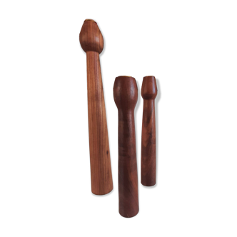 3 Scandinavian teak wood candle holders with brass inserts, Denmark, a