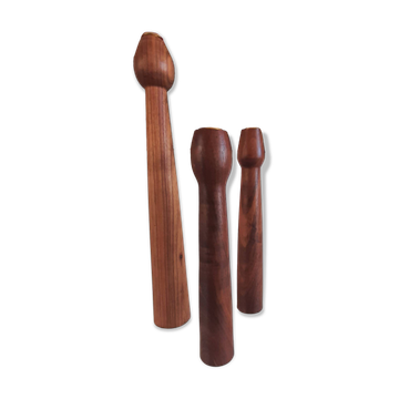 3 Scandinavian teak wood candle holders with brass inserts, Denmark, a
