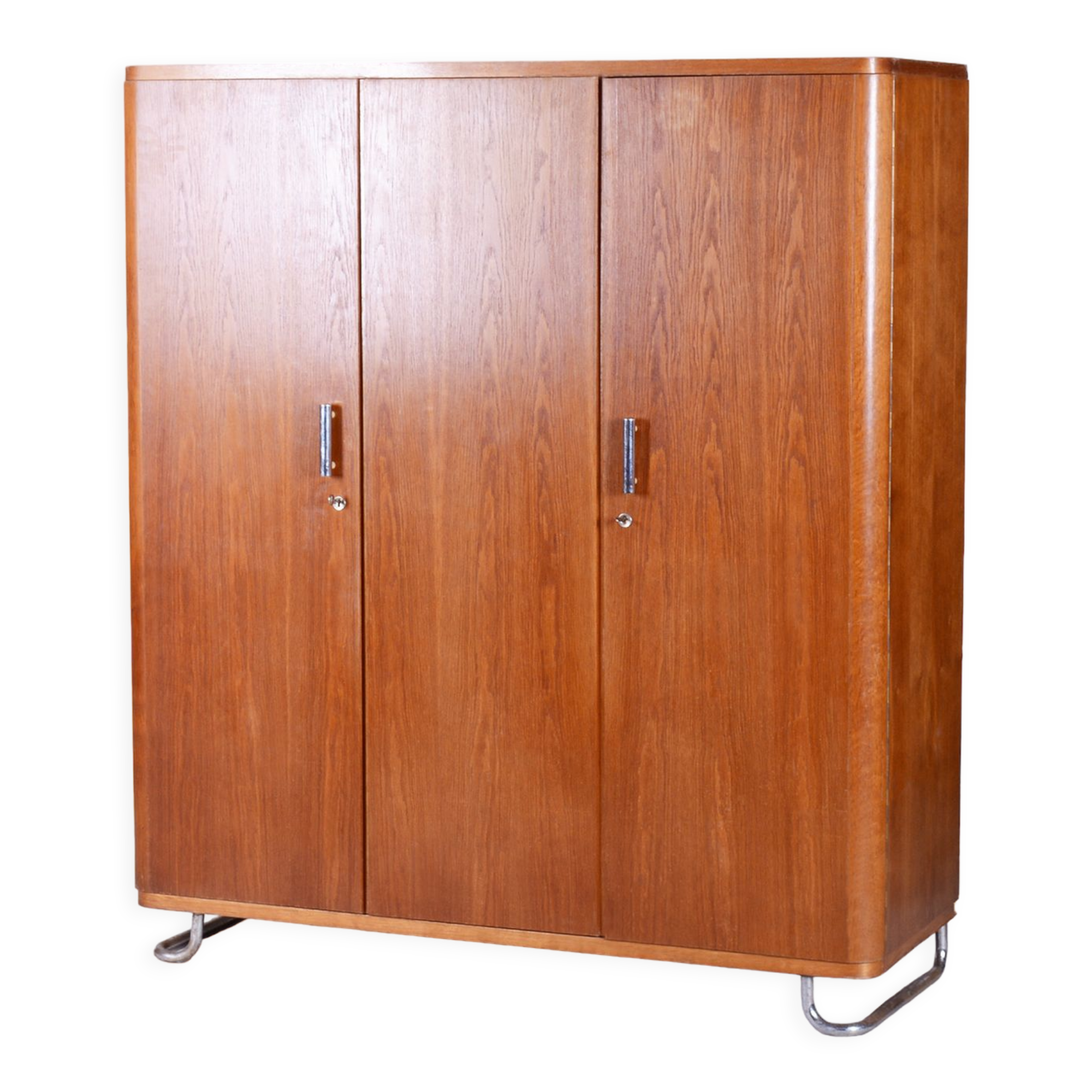 Restored oak bauhaus wardrobe, chrome-plated steel, czechia, 1930s