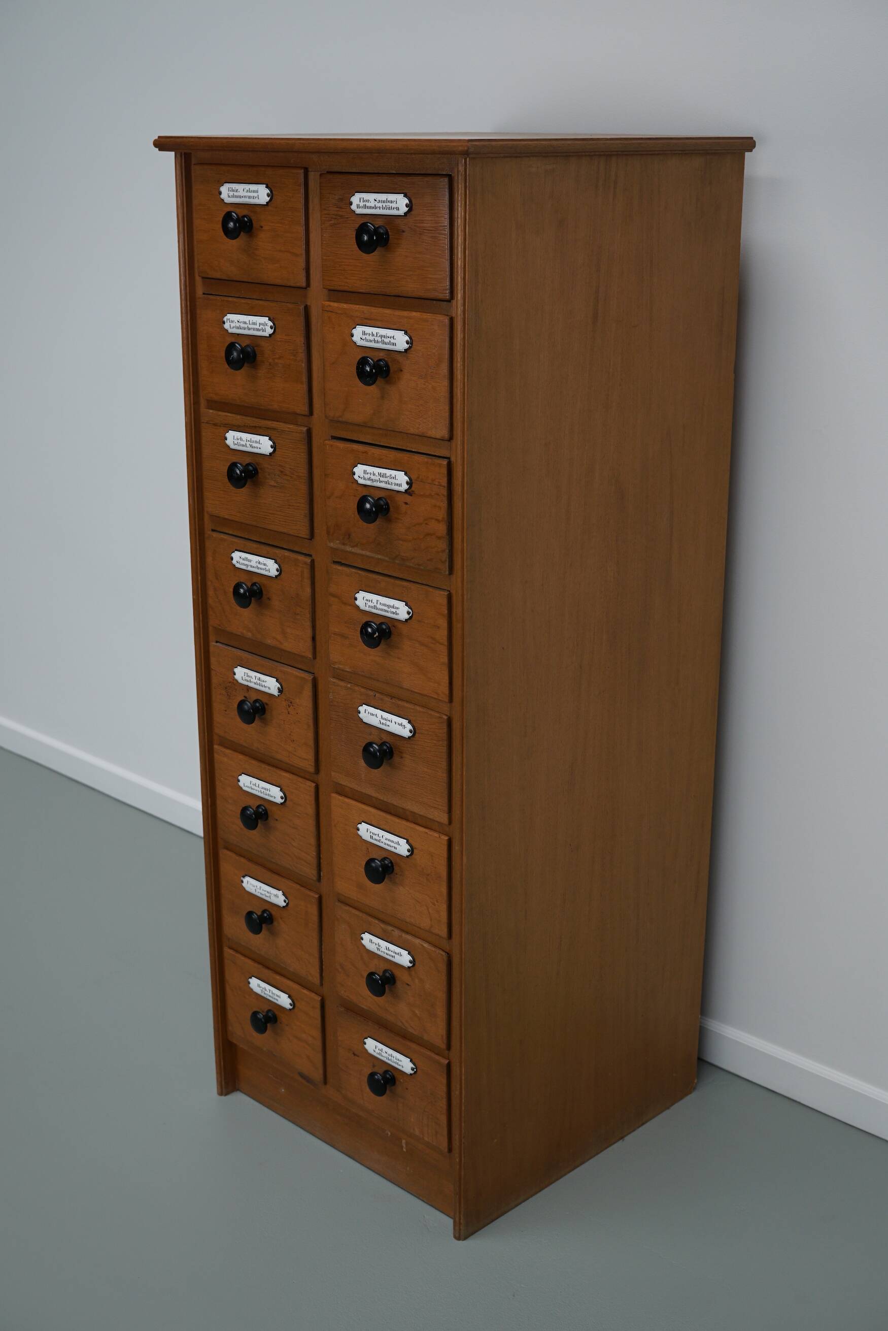 German Oak Apothecary Cabinet with Enamel Shields, 1940s