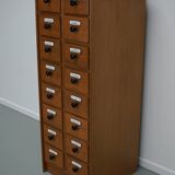 German Oak Apothecary Cabinet with Enamel Shields, 1940s
