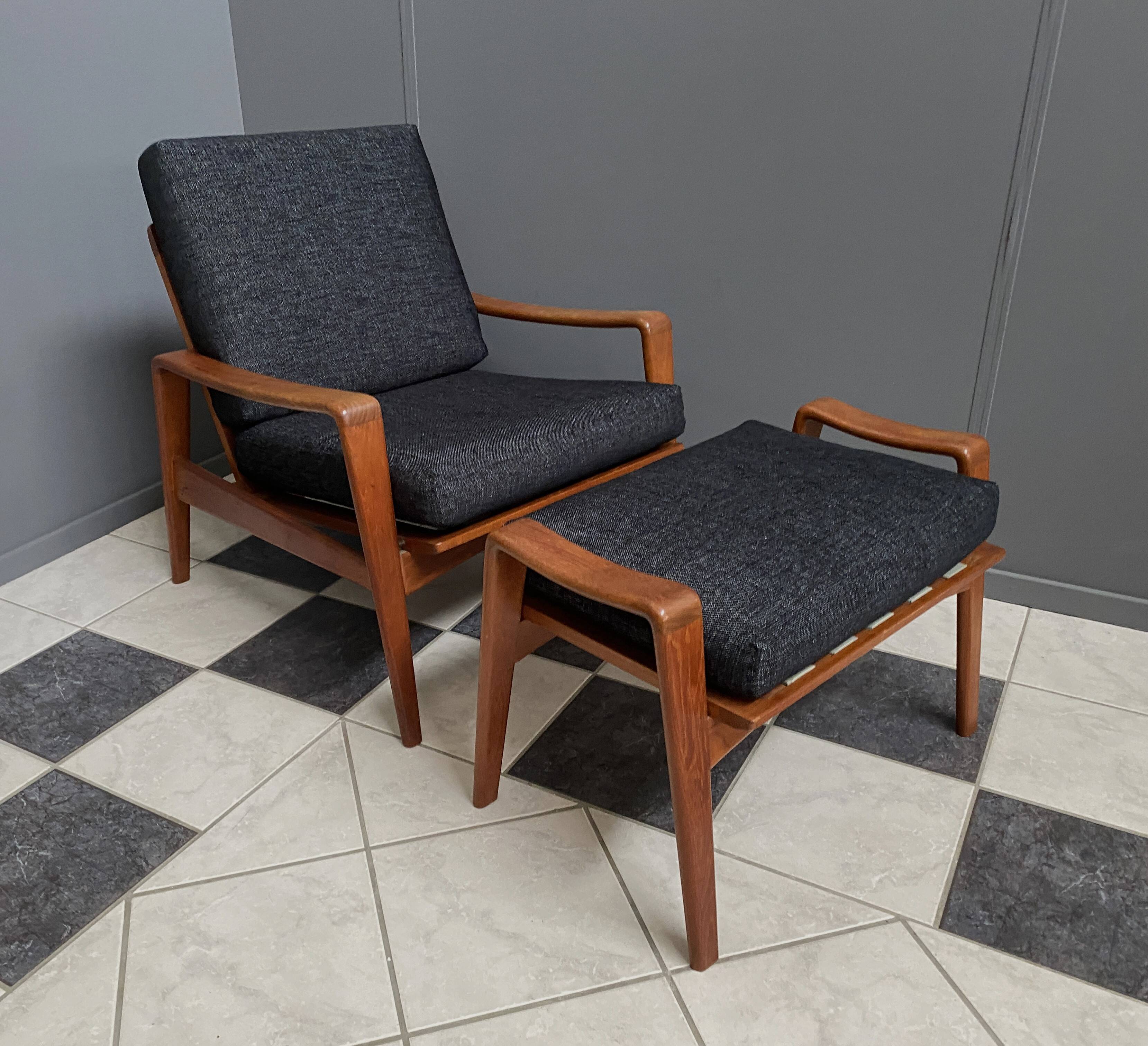 Arne Wahl Iversen Danish Teak chair for Komfort Denmark with Ottoman 1960s