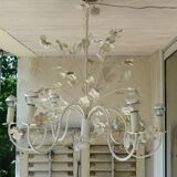 Vintage chandelier in painted metal decoration foliage and flowers