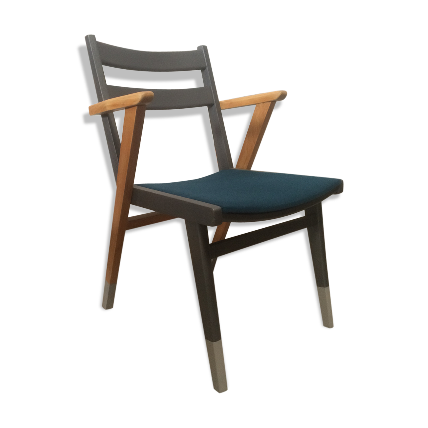 Fauteuil bridge scandinave vintage des années 50 bleu pétrole et gris