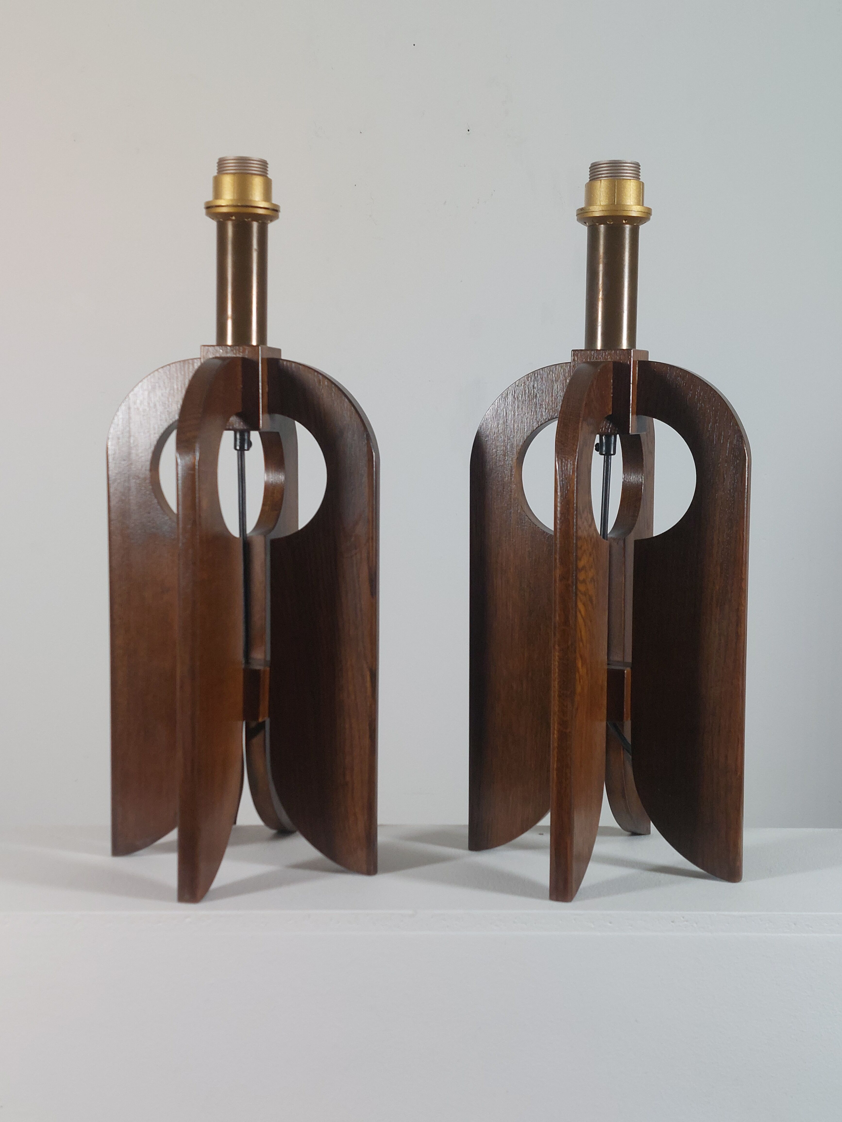 Very rare vintage pair of wooden table lamps by Temde