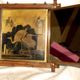 Beveled mercury mirror and japanese art nouveau illustration on the back