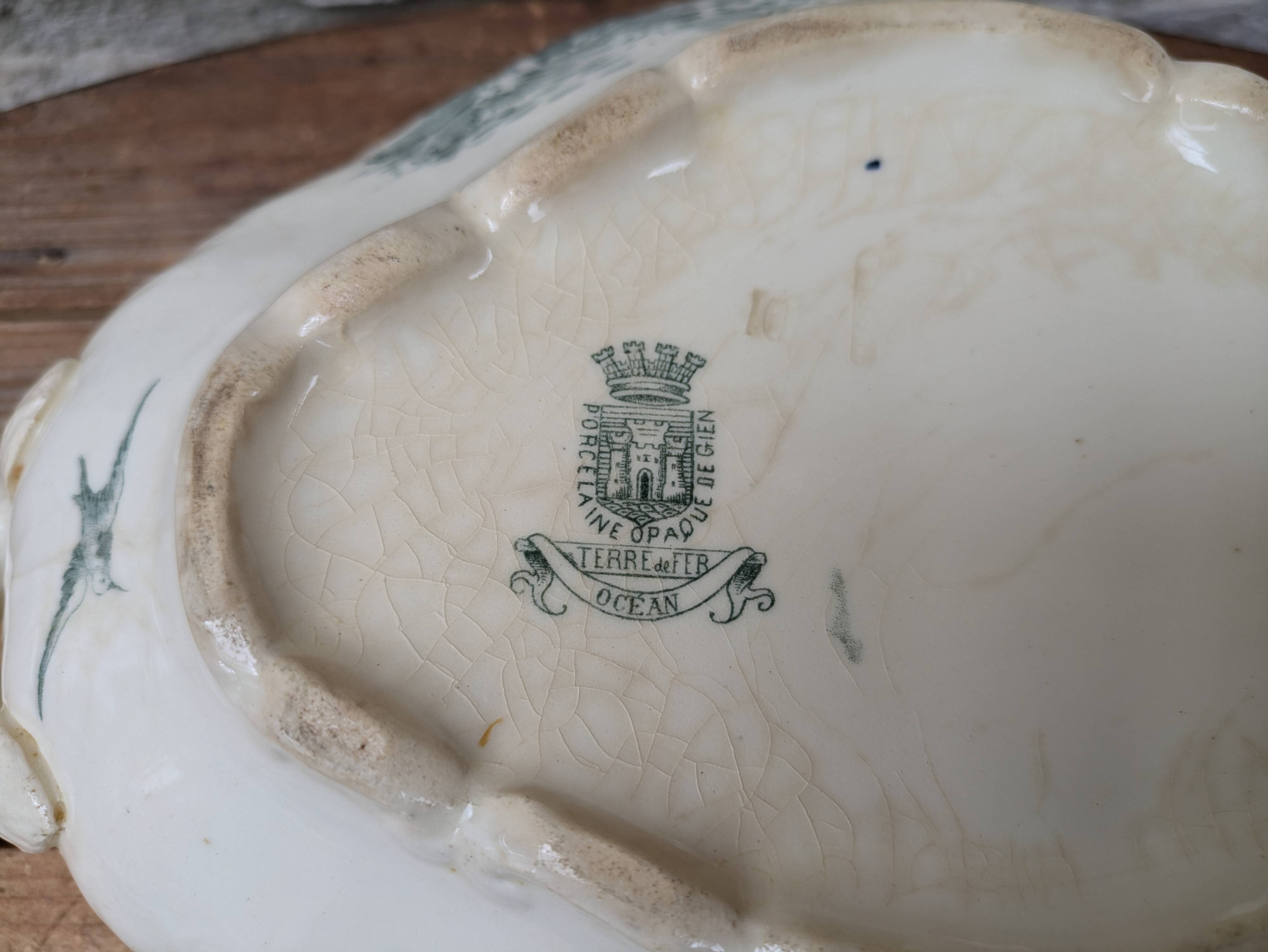 Old vegetable dish serving dish Terre de Fer Opaque porcelain from Gien Ocean model