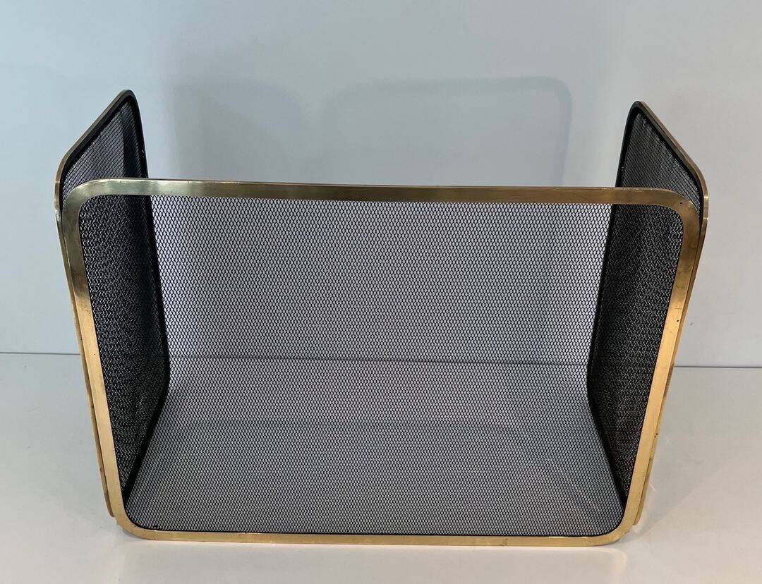 Three-Panel Folding Fire Screen in Polished Brass and Steel Mesh