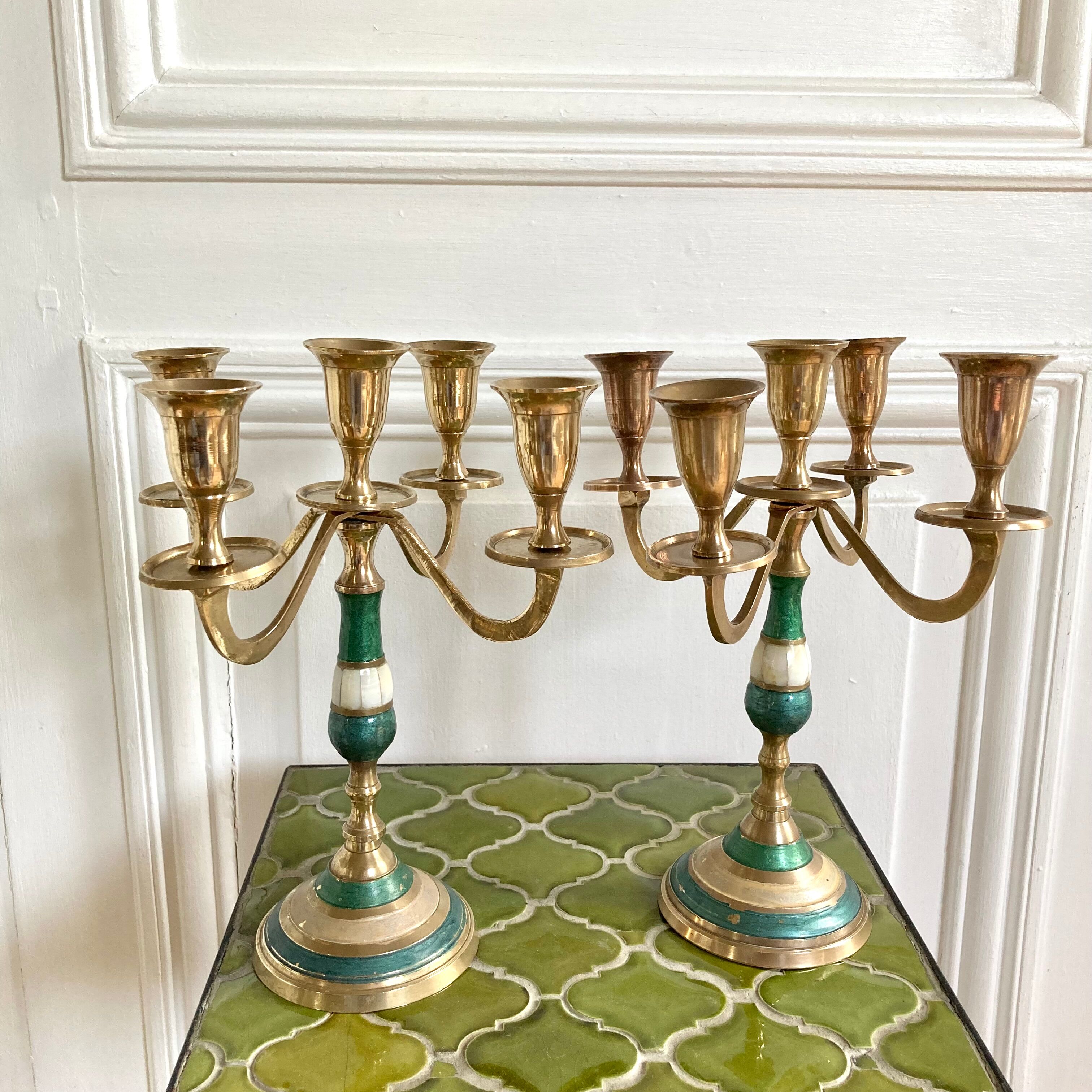 Pair of candlesticks brass and mother-of-pearl candlesticks