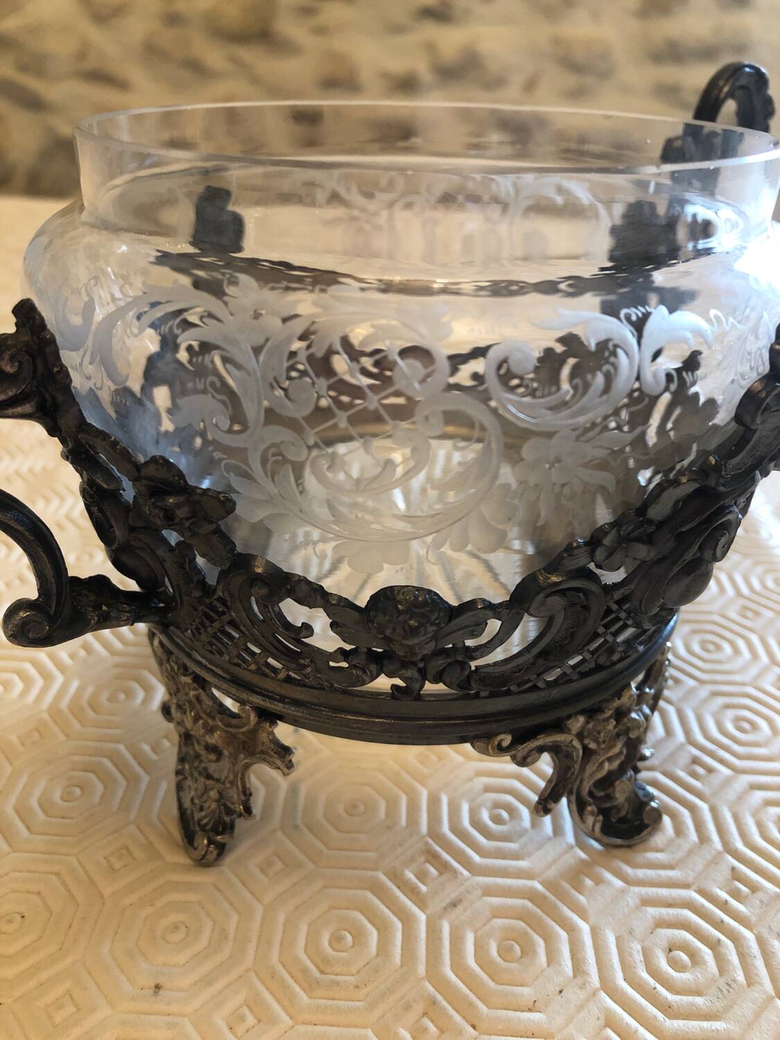 Silver-plated metal and crystal sugar bowl